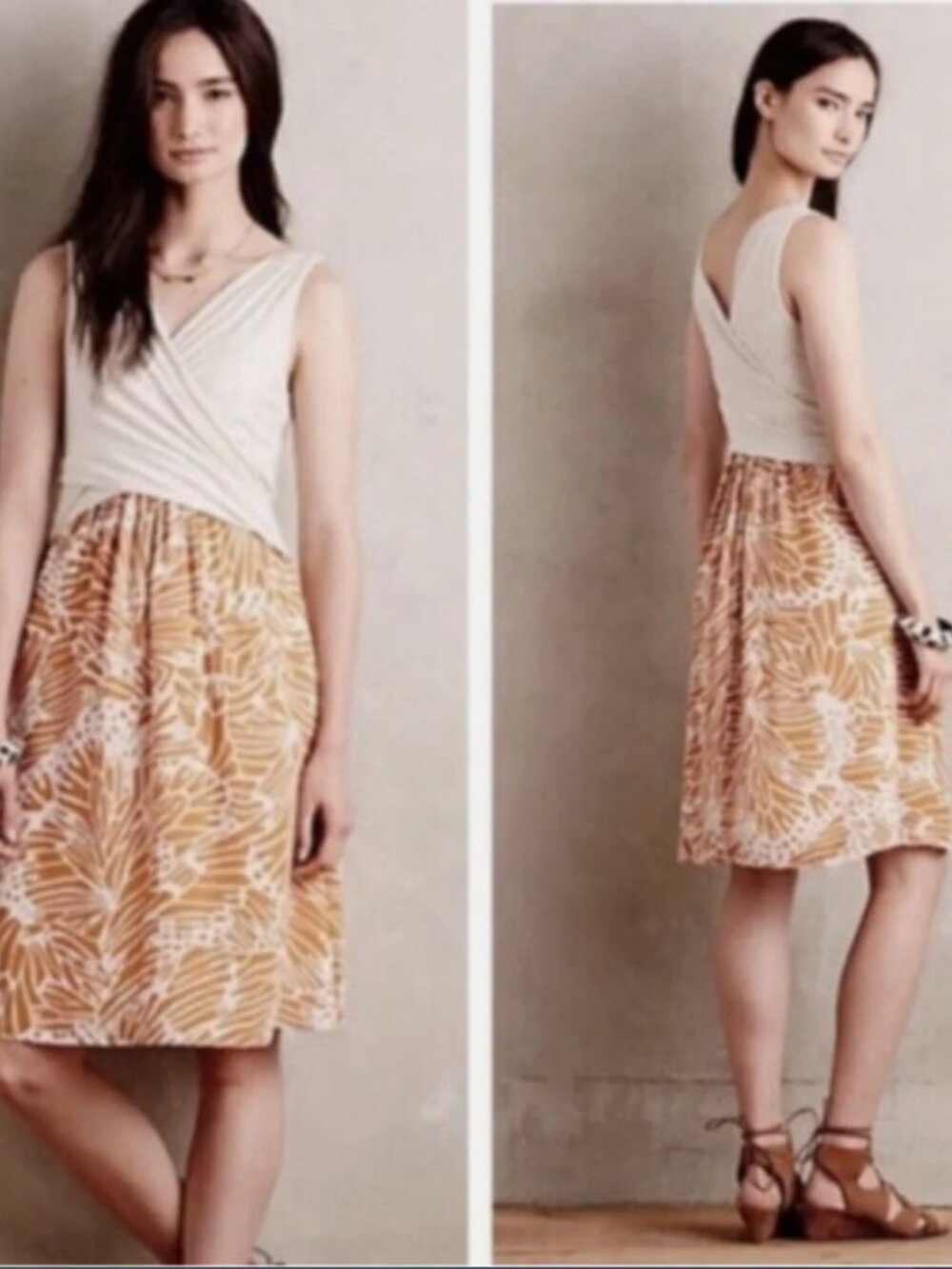 Anthropology Amadi Khaki Orange Print Crisscross Knee Length Dress Women’s Boho